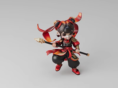 Traditional Style Doll Sculpture With Red Black Costume Spear And Decorative Hairstyle 3d model