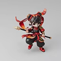 Traditional Style Doll Sculpture With Red Black Costume Spear And Decorative Hairstyle