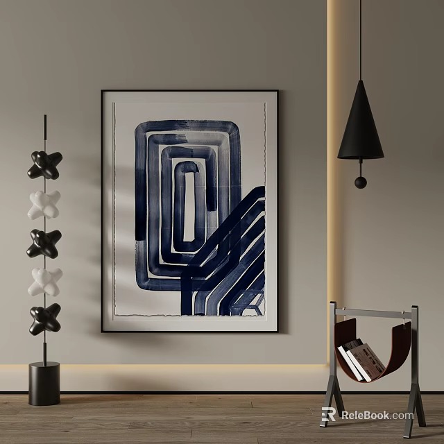 Abstract Blue And White Painting In Modern Interior 3d model
