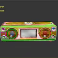 Vintage Style Electronic Radio With Orange Yellow Exterior Two Circular Speakers And Central Display Screen