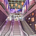 Vibrant Commercial Street With Neon Signs Shops Tables Chairs And Decorative Lights