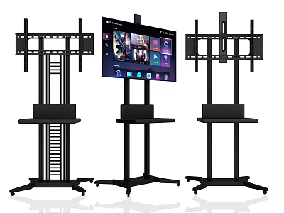 Three Modern Computer Monitor Stands With Central Display Screen Showing App Interface 3d model