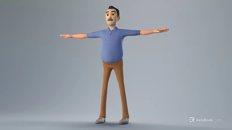 3D Cartoon Style Male Game Movie Character With Blue Polo Shirt Brown Pants Arms Outstretched 3d model 
