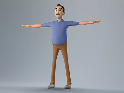 3D Cartoon Style Male Game Movie Character With Blue Polo Shirt Brown Pants Arms Outstretched 3d model