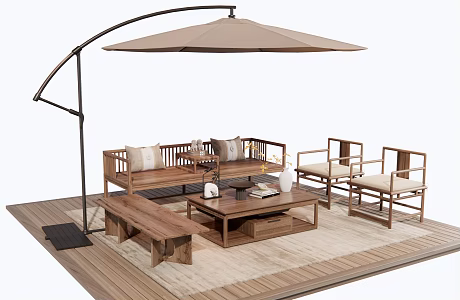 Chinese Style Outdoor Sofa Coffee Table Combination Leisure Chair Log Sofa Coffee Table Decoration Sunshade Umbrella 3d model