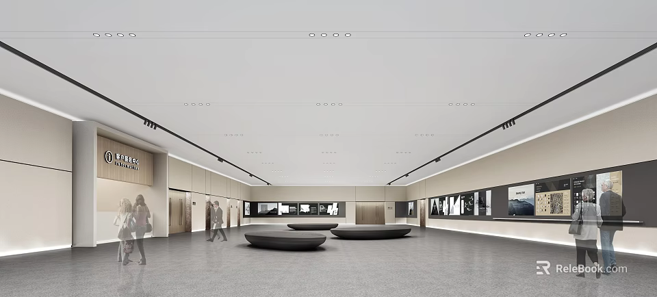 Spacious Exhibition Hall Interior With Circular Seats Wall Displays And Ceiling Lighting 3d model 