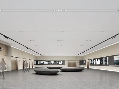 Spacious Exhibition Hall Interior With Circular Seats Wall Displays And Ceiling Lighting 3d model