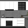 Modern Minimalist Kitchen Interior With White Cabinets Black Appliances And Gray Tile Backsplash