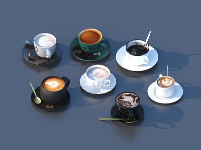 Various Delicious Coffee Beverages with Latte Art Served in Mugs and Saucers on Gray Background 3d model