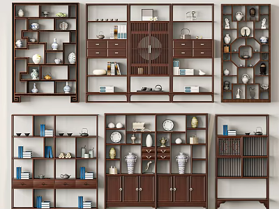 Chinese Style Multi Tiered Shelving Units With Decorative Vases Tea Sets And Storage Books 3d model