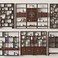 Chinese Style Multi Tiered Shelving Units With Decorative Vases Tea Sets And Storage Books