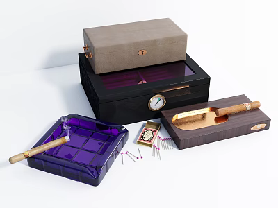 Premium Cigar Accessories Including Storage Boxes Ashtray Matches And Cutter 3d model