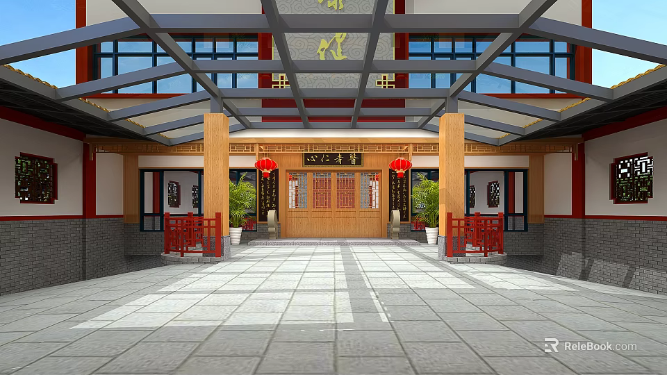 Traditional Chinese Ancient Architecture Courtyard Entrance With Wooden Door Red Lanterns And Stone Pavement 3d model 