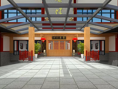 Traditional Chinese Ancient Architecture Courtyard Entrance With Wooden Door Red Lanterns And Stone Pavement 3d model