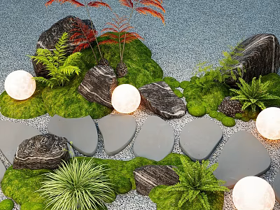 Flowers And Plants In Natural Garden With Green Mossy Ground Stones And Glowing White Orbs 3d model