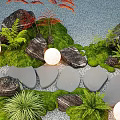 Flowers And Plants In Natural Garden With Green Mossy Ground Stones And Glowing White Orbs