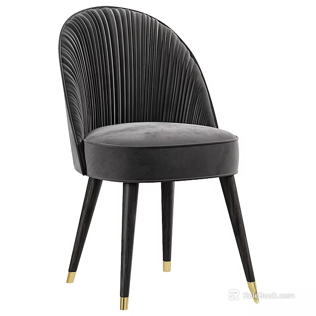 Modern Black Chair With Pleated Backrest Gray Velvet Seat And Gold Accent Legs 3d model 