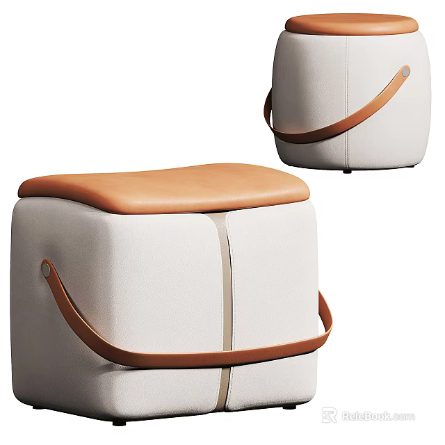 Modern Light Colored Sofa Stool With Brown Leather Seat And Handle 3d model 