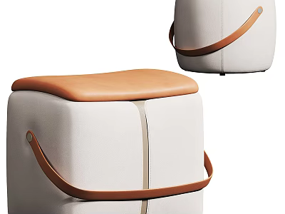 Modern Light Colored Sofa Stool With Brown Leather Seat And Handle 3d model
