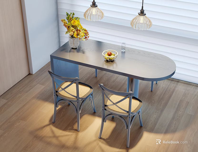 Modern Oval Dining Table Combination With Woven Seat Chairs For Cozy Bright Home Dining Area 3d model 