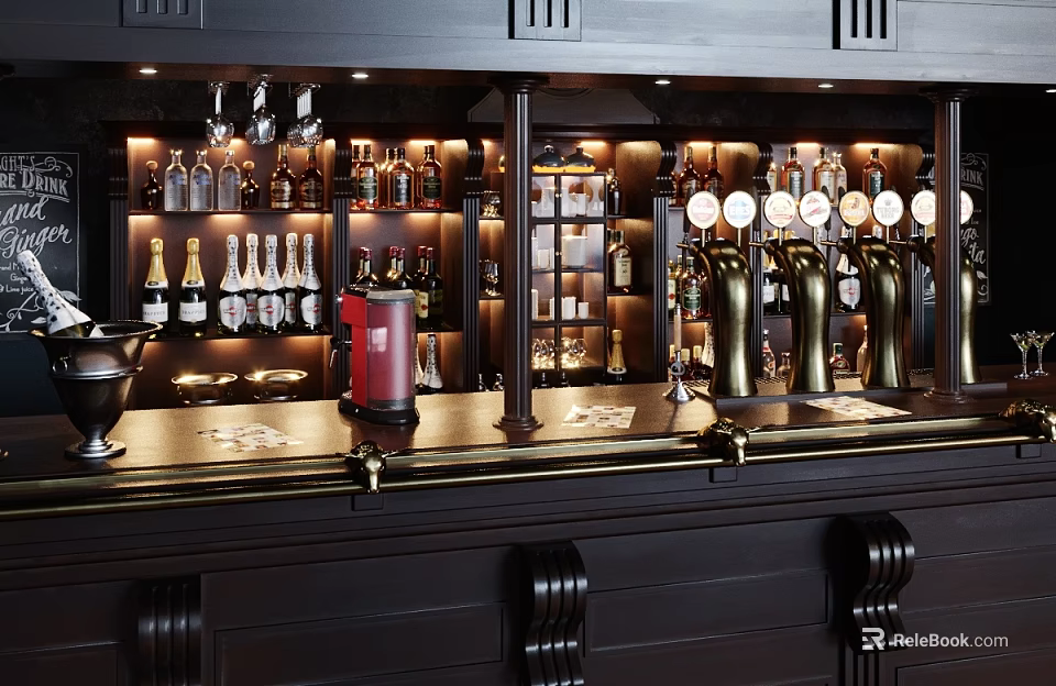 Luxurious Bar Interior With Wooden Counter Wine Racks And Beer Taps 3d model 