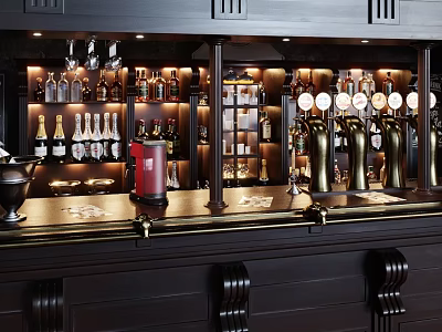 Luxurious Bar Interior With Wooden Counter Wine Racks And Beer Taps 3d model
