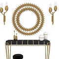 Luxury Gold And Black Dressing Table With Round Mirror Wall Sconces And Stool