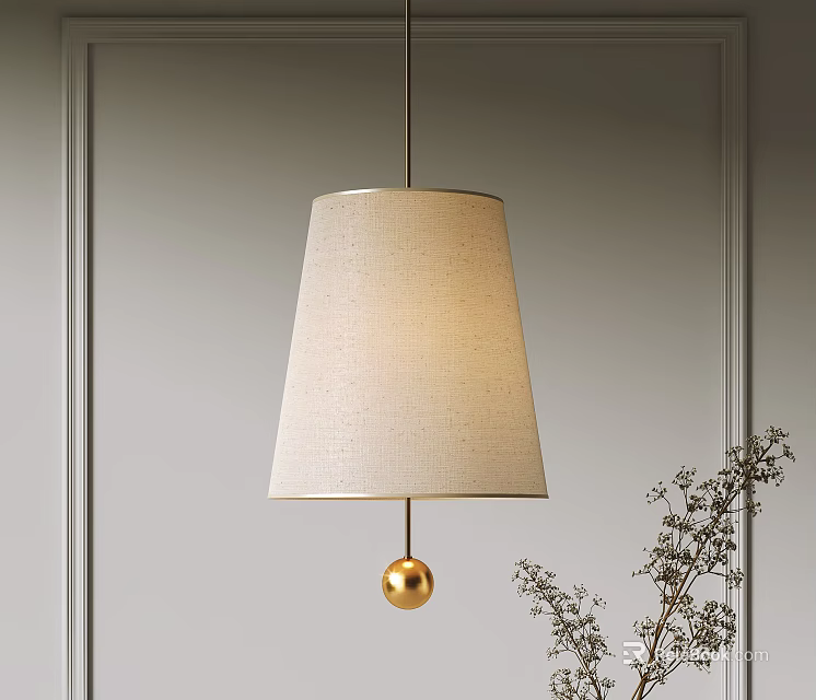 Light Beige Fabric Cone Shaped Chandelier With Golden Ball Decoration Minimalist Modern Design 3d model 