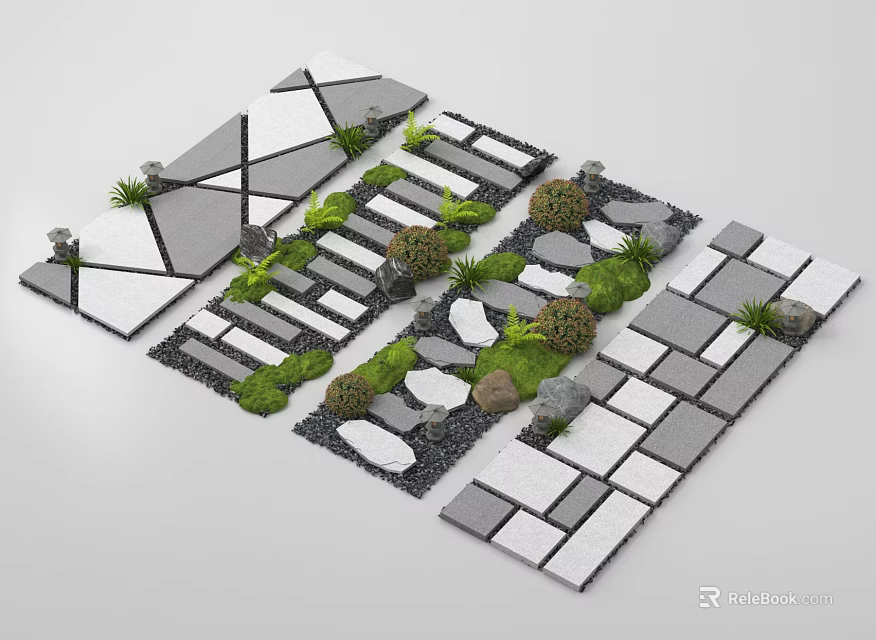 Geometric Garden Pathway Design With Mixed Stone Slabs Green Plants And Gravel Gaps 3d model 