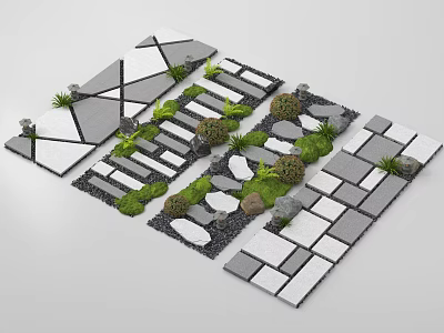 Geometric Garden Pathway Design With Mixed Stone Slabs Green Plants And Gravel Gaps 3d model