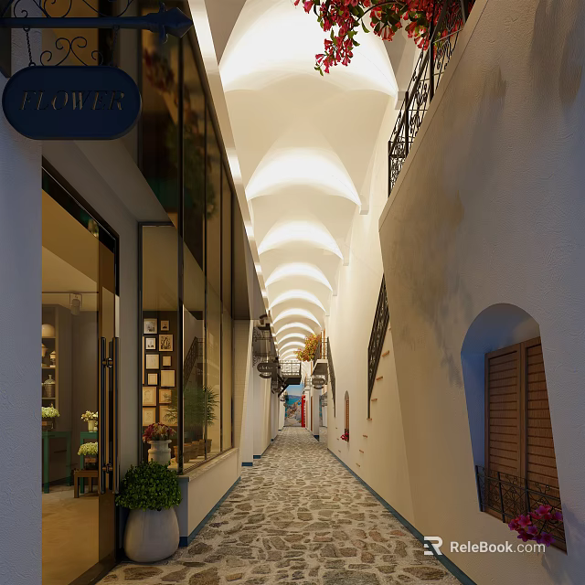 Elevator Corridor With Arched Ceiling Cobblestone Floor White Walls And Shop Windows 3d model
