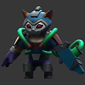 Futuristic Mechanical Cat Character With Red Eyes Blue Green Armor Holding Weapon