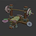 Wooden Frame Fitness Bench Press With Metal Weight Plates And Green Padded Seat