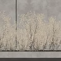 Light Beige Rectangular Planter with Light Colored Flowers Against Wall with Vertical Dark Lines