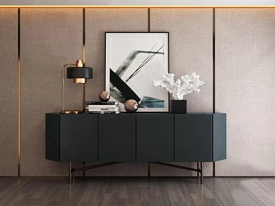 Modern Dark Entryway Console Table With Metal Legs Decorative Lamp And Panel Wall Decor 3d model
