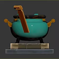 Decorative Household Cauldron Black With Orange Accents Brick Base Metal Handles Green Red Items Inside