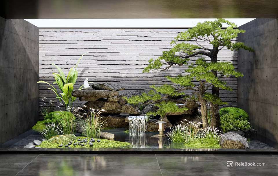 Zen Garden Feature With Waterfall Rocks Bonsai Pine And Green Plants 3d model 