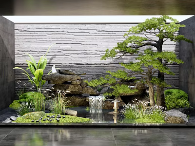 Zen Garden Feature With Waterfall Rocks Bonsai Pine And Green Plants 3d model