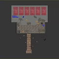 3D Rendered Scene With Red Crates Wooden Bridge Steps Barrels And Blue Boxes