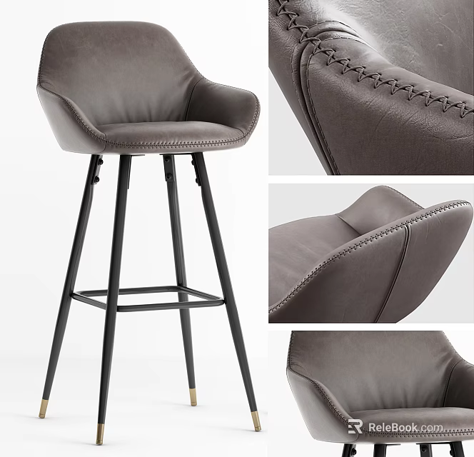 Modern Gray Leather Bar Stool With Stitching Details And Metal Legs Design 3d model 