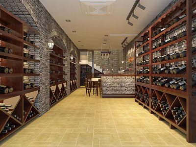 Classic Wine Cellar Interior With Stone Walls Wooden Racks Wine Bottles And Bar Counter Stools 3d model