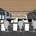 Modern Public Office Space With Desks Office Chairs Computers Hanging Lights And Bookshelves