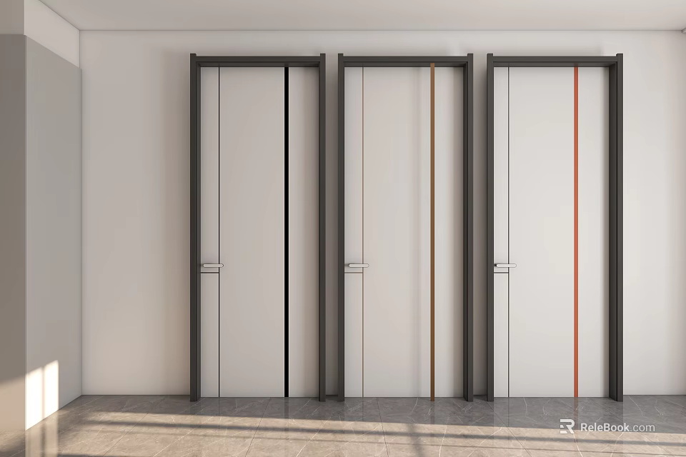 Modern White Hinged Doors Interior With Dark Frames And Colorful Vertical Stripes 3d model