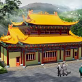 Ancient Chinese Architecture in Traditional Style with Yellow Roof Ornate Eaves and Mountain Backdrop