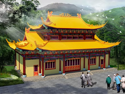 Ancient Chinese Architecture in Traditional Style with Yellow Roof Ornate Eaves and Mountain Backdrop 3d model