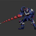 Blue Robot Character With Red Segmented Weapon In Battle Stance And Shiny Armor