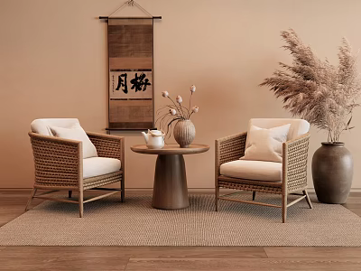 Natural Woven Armchairs And Round Table With Pampas Grass Vase Wall Scroll And Rug 3d model