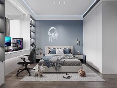 Modern Kids Room With Blue Wall Astronaut Decal Bed Desk Computer Chair And Toys Rug 3d model
