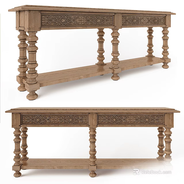 Traditional Wooden Console Table With Carved Details Turned Legs And Lower Storage Shelf 3d model 