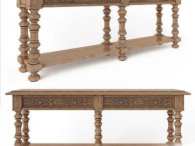 Traditional Wooden Console Table With Carved Details Turned Legs And Lower Storage Shelf 3d model